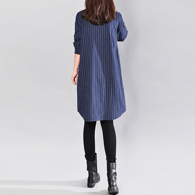 2025 Spring New Literary Loose Splicing Striped Lapel Long Sleeve Shirt Skirt Women's Medium and Long Shirt #9227 #