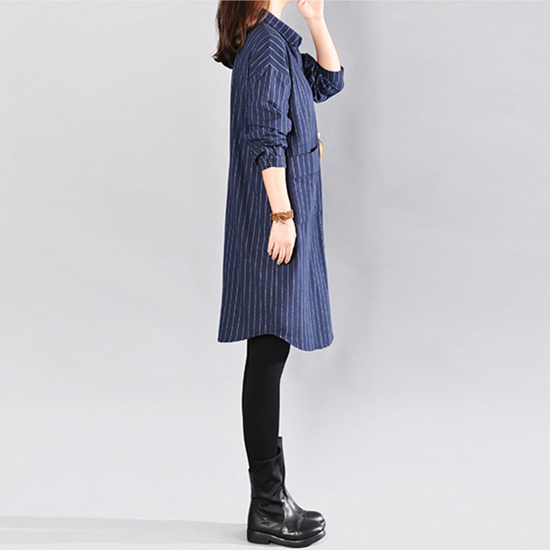 2025 Spring New Literary Loose Splicing Striped Lapel Long Sleeve Shirt Skirt Women's Medium and Long Shirt #9227 #