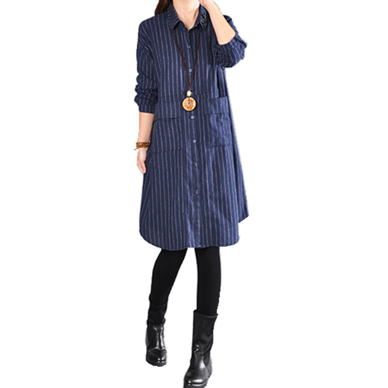 2025 Spring New Literary Loose Splicing Striped Lapel Long Sleeve Shirt Skirt Women's Medium and Long Shirt #9227 #