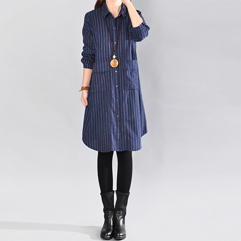 2025 Spring New Literary Loose Splicing Striped Lapel Long Sleeve Shirt Skirt Women's Medium and Long Shirt #9227 #