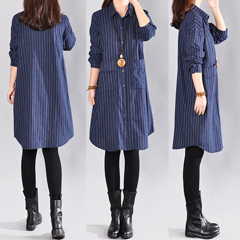 2025 Spring New Literary Loose Splicing Striped Lapel Long Sleeve Shirt Skirt Women's Medium and Long Shirt #9227 #