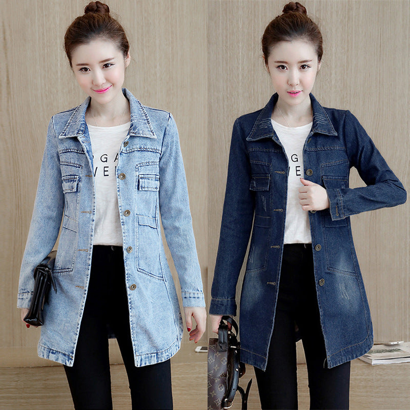 Real shot 2024 autumn new Korean version slim-fitting long-sleeved denim jacket women's single-breasted medium and long trench coat top
