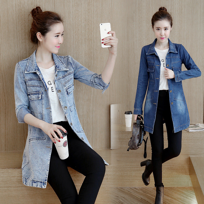 Real shot 2024 autumn new Korean version slim-fitting long-sleeved denim jacket women's single-breasted medium and long trench coat top