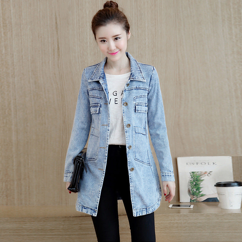 Real shot 2024 autumn new Korean version slim-fitting long-sleeved denim jacket women's single-breasted medium and long trench coat top