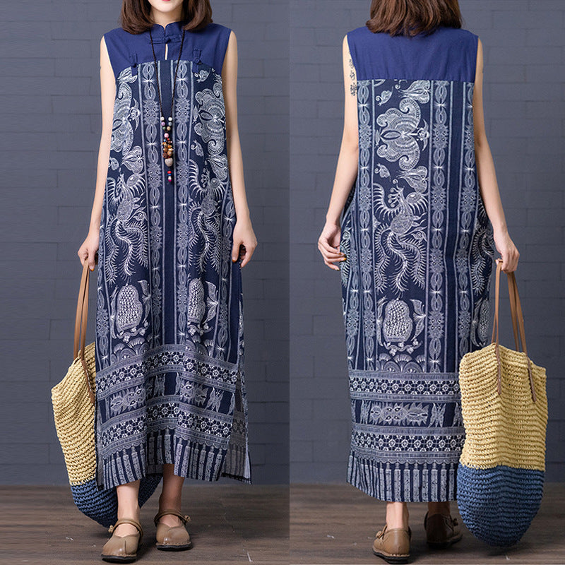Real shot 2024 summer new ethnic style printing cotton and linen loose buckle stand-up collar sleeveless dress women's medium and long