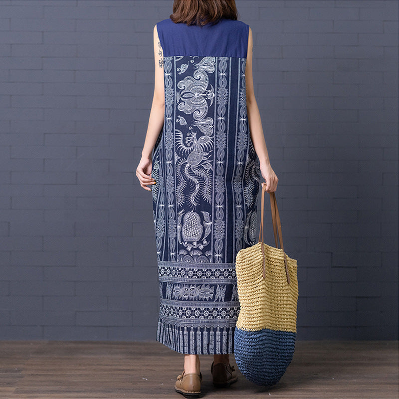 Real shot 2024 summer new ethnic style printing cotton and linen loose buckle stand-up collar sleeveless dress women's medium and long