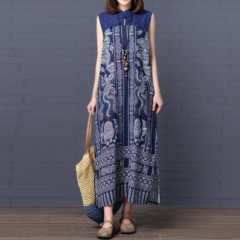 Real shot 2024 summer new ethnic style printing cotton and linen loose buckle stand-up collar sleeveless dress women's medium and long