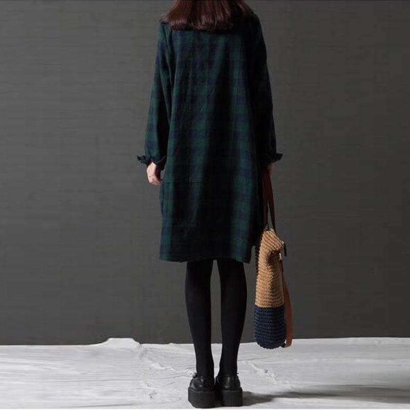 2025 spring new Korean version loose splicing plaid lapel long-sleeved dress women's medium and long shirt skirt #082