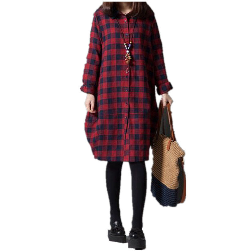 2025 spring new Korean version loose splicing plaid lapel long-sleeved dress women's medium and long shirt skirt #082