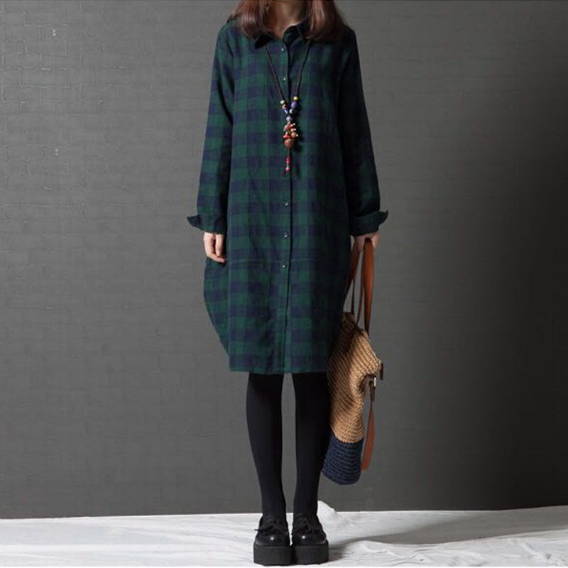 2025 spring new Korean version loose splicing plaid lapel long-sleeved dress women's medium and long shirt skirt #082