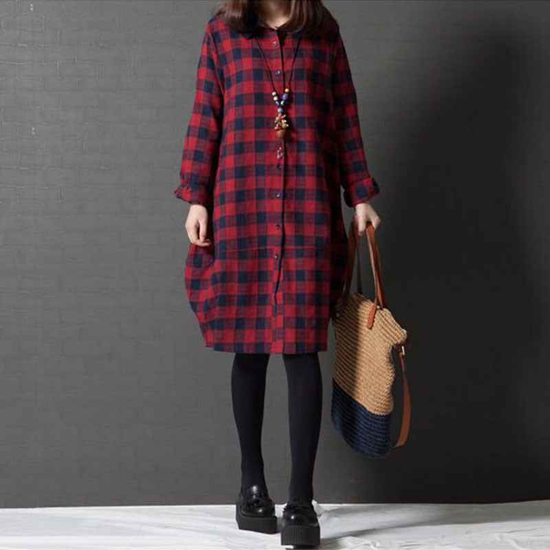 2025 spring new Korean version loose splicing plaid lapel long-sleeved dress women's medium and long shirt skirt #082