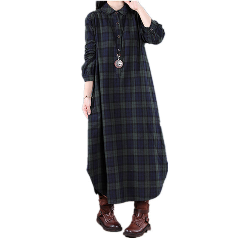 Spring 2025 new Korean version loose splicing plaid lapel long-sleeved dress women's medium and long shirt 9809