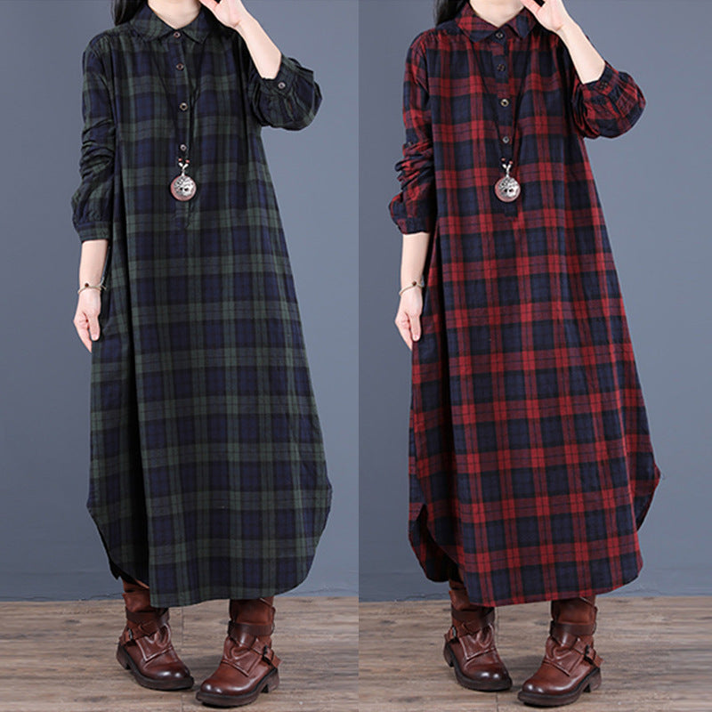 Spring 2025 new Korean version loose splicing plaid lapel long-sleeved dress women's medium and long shirt 9809