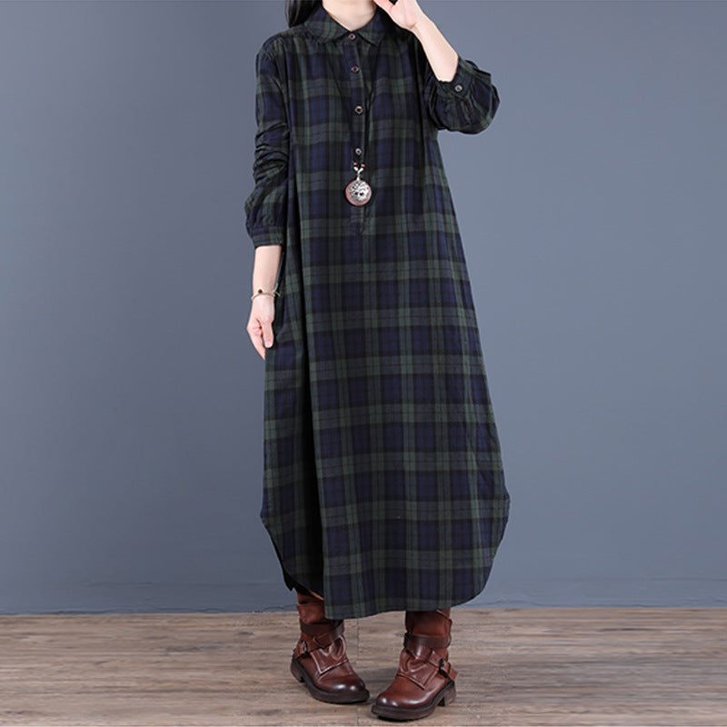 Spring 2025 new Korean version loose splicing plaid lapel long-sleeved dress women's medium and long shirt 9809