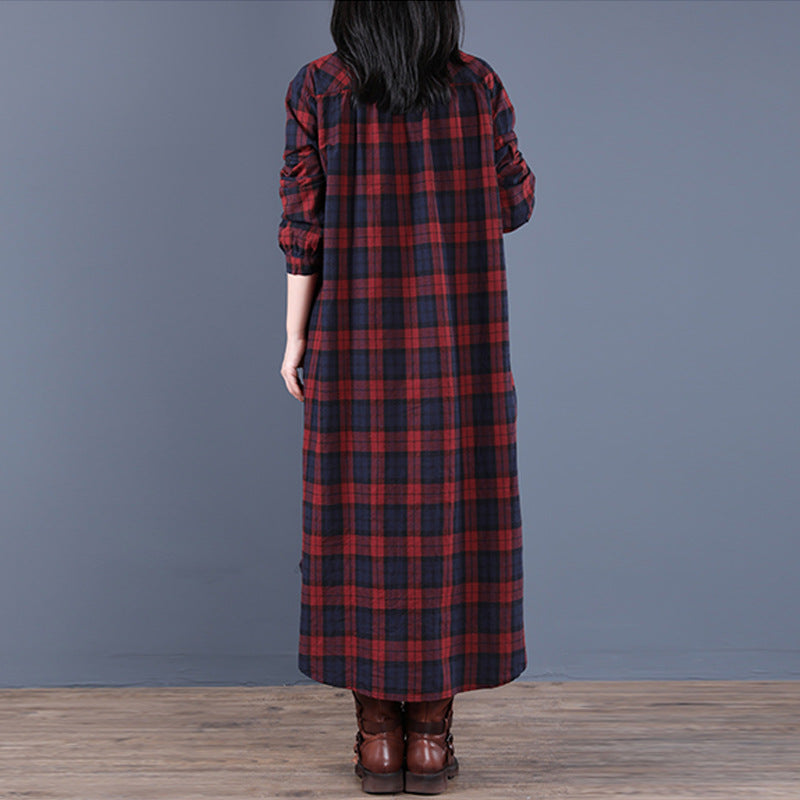 Spring 2025 new Korean version loose splicing plaid lapel long-sleeved dress women's medium and long shirt 9809