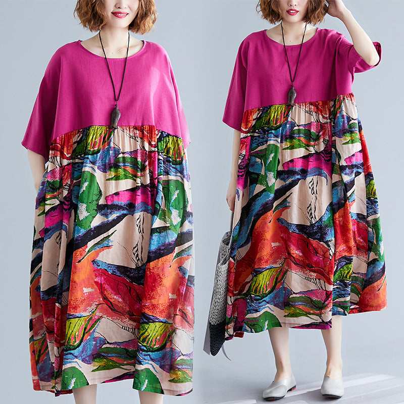 Real shot 2024 summer new literary large size loose cotton and linen printing crew neck short-sleeved dress women's clothing 0038 #