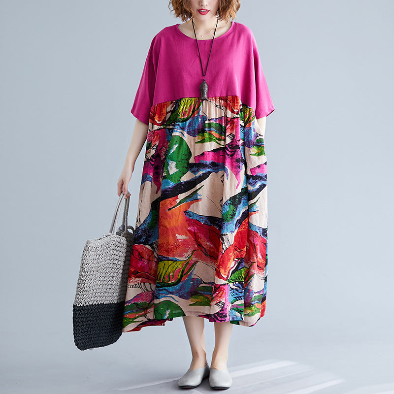 Real shot 2024 summer new literary large size loose cotton and linen printing crew neck short-sleeved dress women's clothing 0038 #