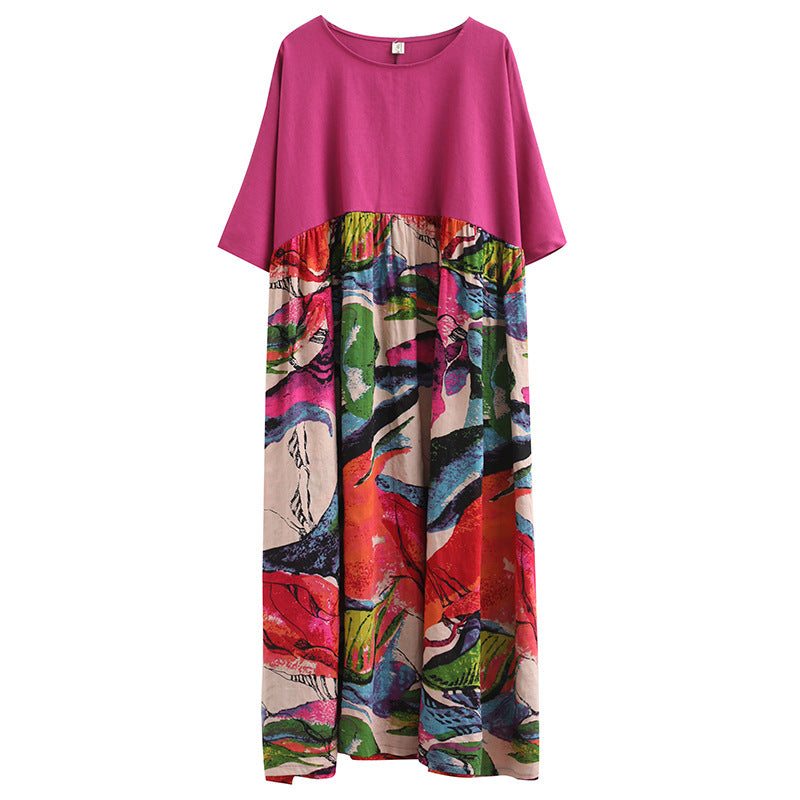 Real shot 2024 summer new literary large size loose cotton and linen printing crew neck short-sleeved dress women's clothing 0038 #