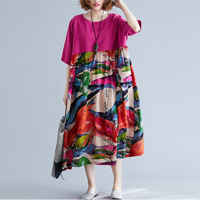 Real shot 2024 summer new literary large size loose cotton and linen printing crew neck short-sleeved dress women's clothing 0038 #