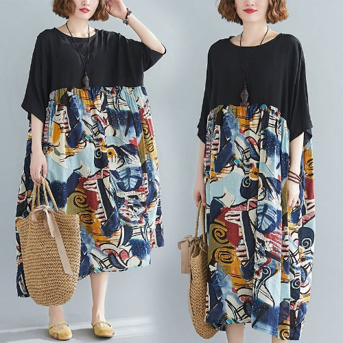 Real shot 2024 summer new literary large size loose contrasting color big pendulum printed short-sleeved dress women 0062 #