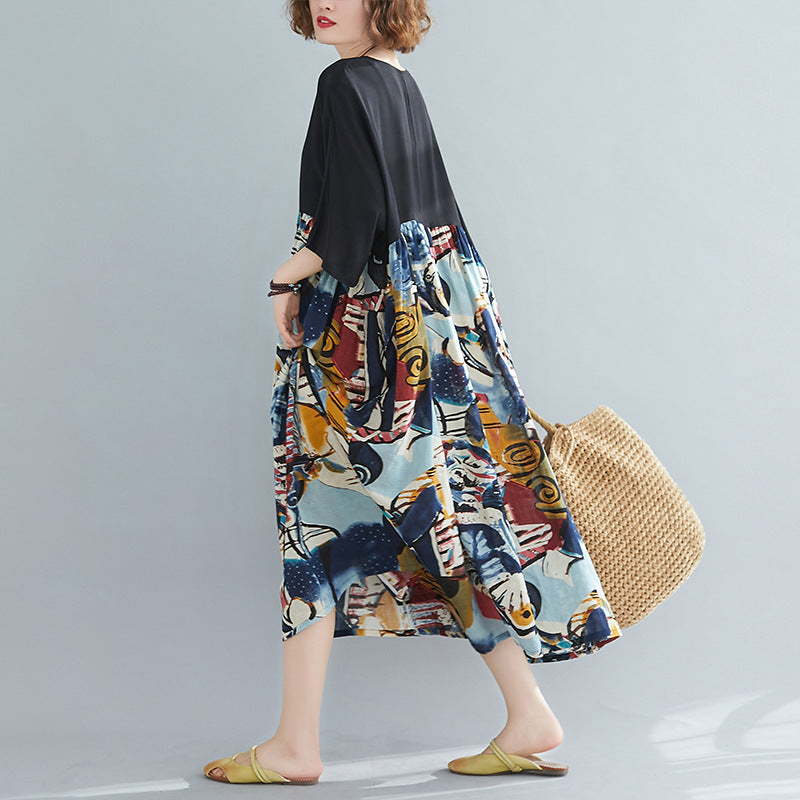 Real shot 2024 summer new literary large size loose contrasting color big pendulum printed short-sleeved dress women 0062 #