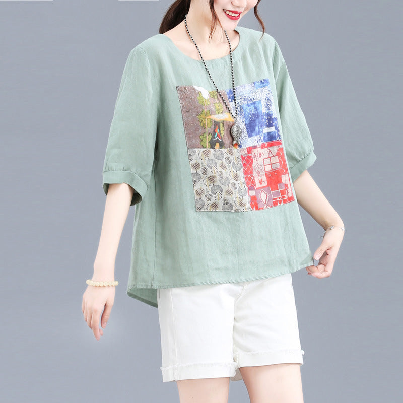 Real shot 2024 summer new literary loose collage cotton and linen printing crew neck short-sleeved top T-shirt women's clothing 9961 #