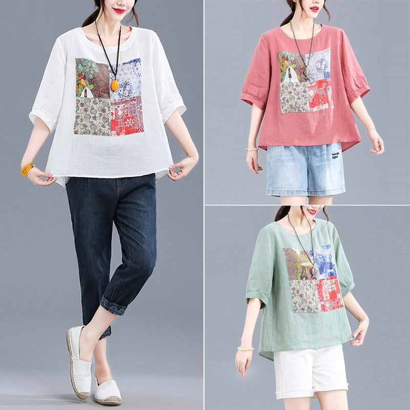 Real shot 2024 summer new literary loose collage cotton and linen printing crew neck short-sleeved top T-shirt women's clothing 9961 #