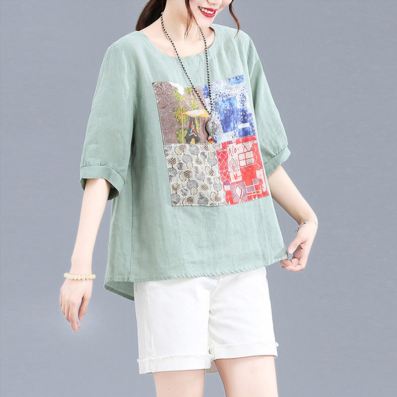 Real shot 2024 summer new literary loose collage cotton and linen printing crew neck short-sleeved top T-shirt women's clothing 9961 #