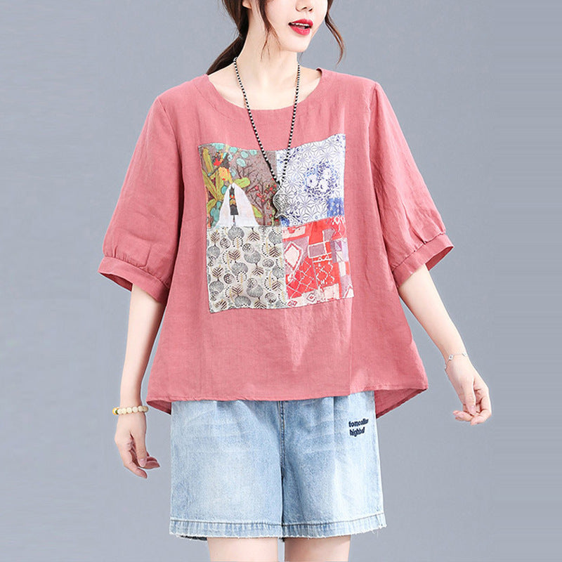 Real shot 2024 summer new literary loose collage cotton and linen printing crew neck short-sleeved top T-shirt women's clothing 9961 #