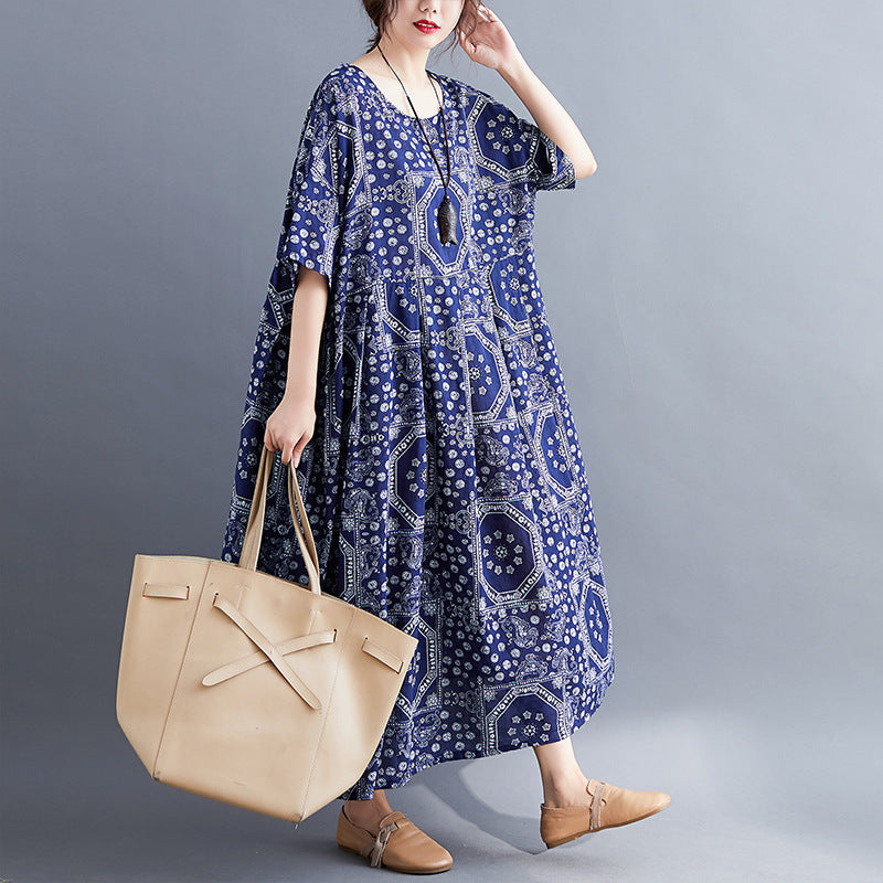 Real shot 2025 summer new literary large size loose printing round neck short sleeve dress women's long dress 6627 #