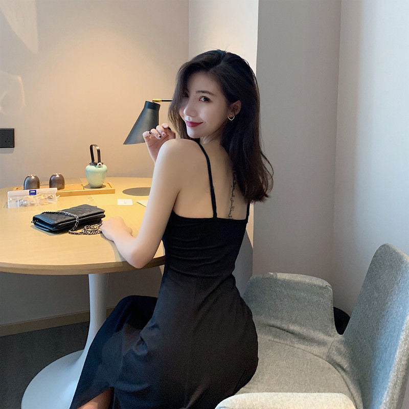 New suspender small black dress sexy gentle v-neck base retro long side split black dress women