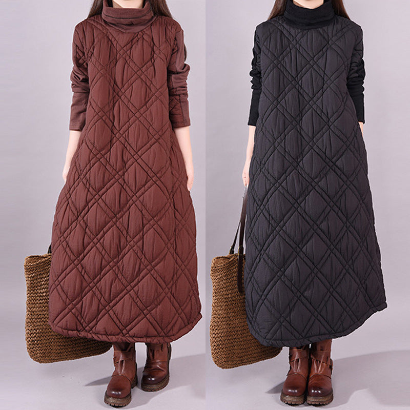 Korean version loose splicing solid color padded cotton thickened turtleneck long sleeve bottoming dress women's long dress 2023 autumn new