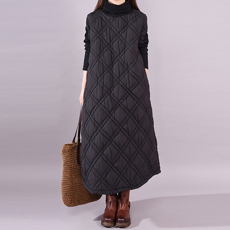 Korean version loose splicing solid color padded cotton thickened turtleneck long sleeve bottoming dress women's long dress 2023 autumn new
