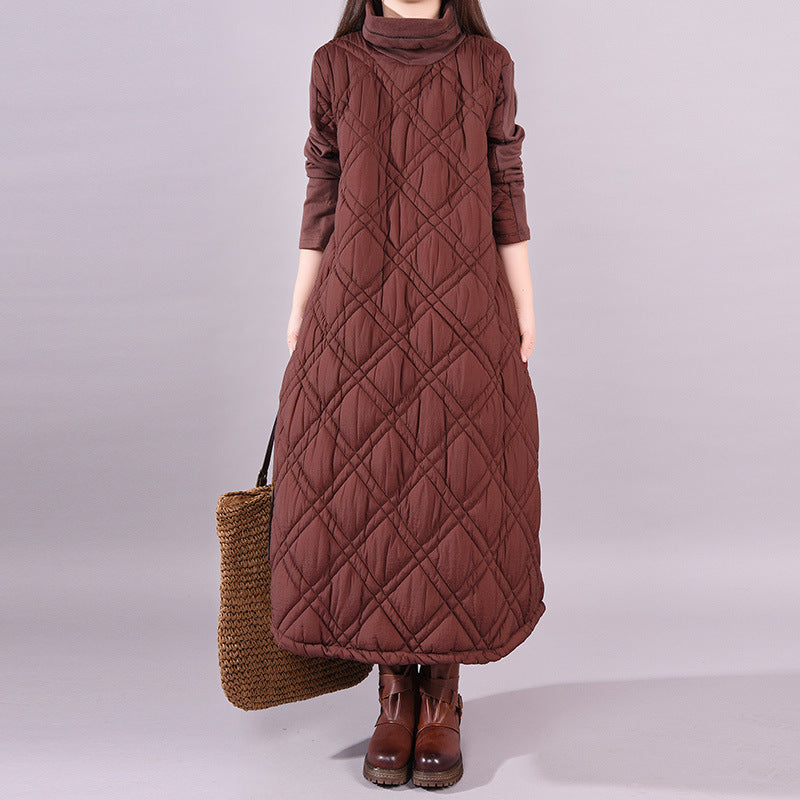 Korean version loose splicing solid color padded cotton thickened turtleneck long sleeve bottoming dress women's long dress 2023 autumn new