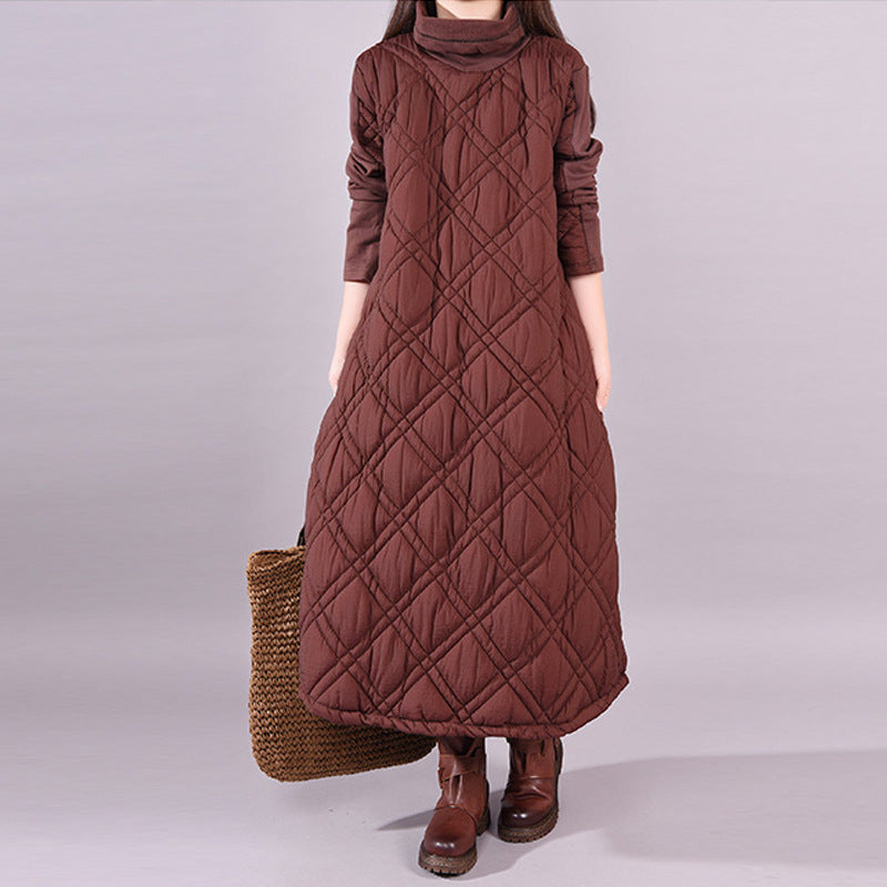 Korean version loose splicing solid color padded cotton thickened turtleneck long sleeve bottoming dress women's long dress 2023 autumn new