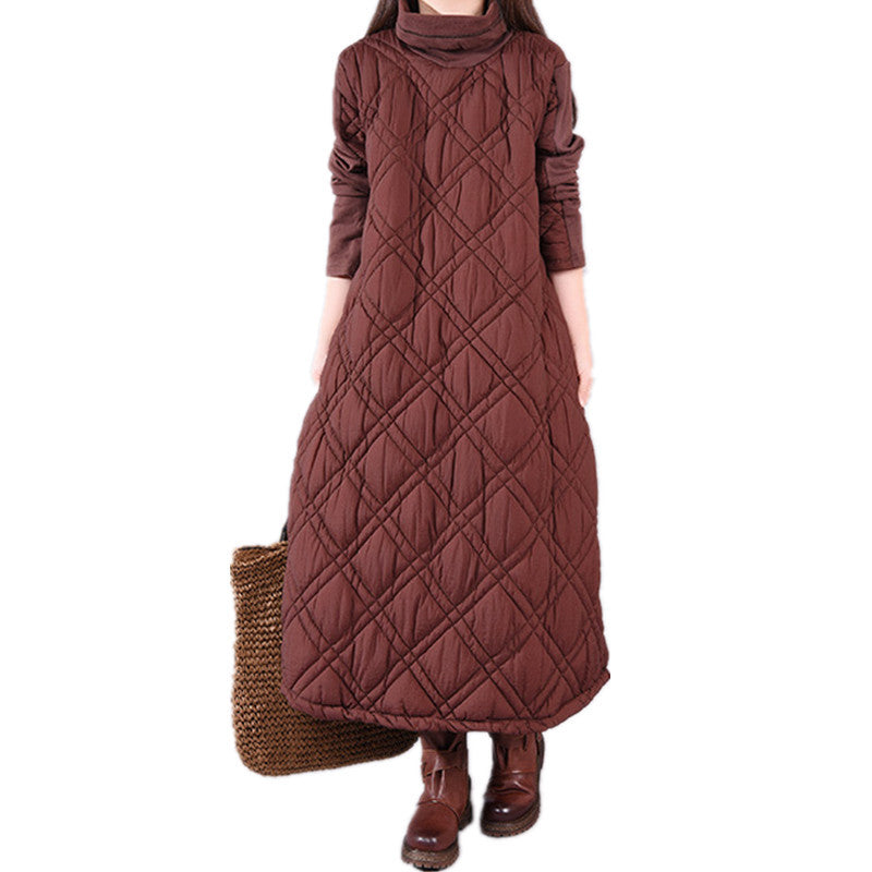 Korean version loose splicing solid color padded cotton thickened turtleneck long sleeve bottoming dress women's long dress 2023 autumn new