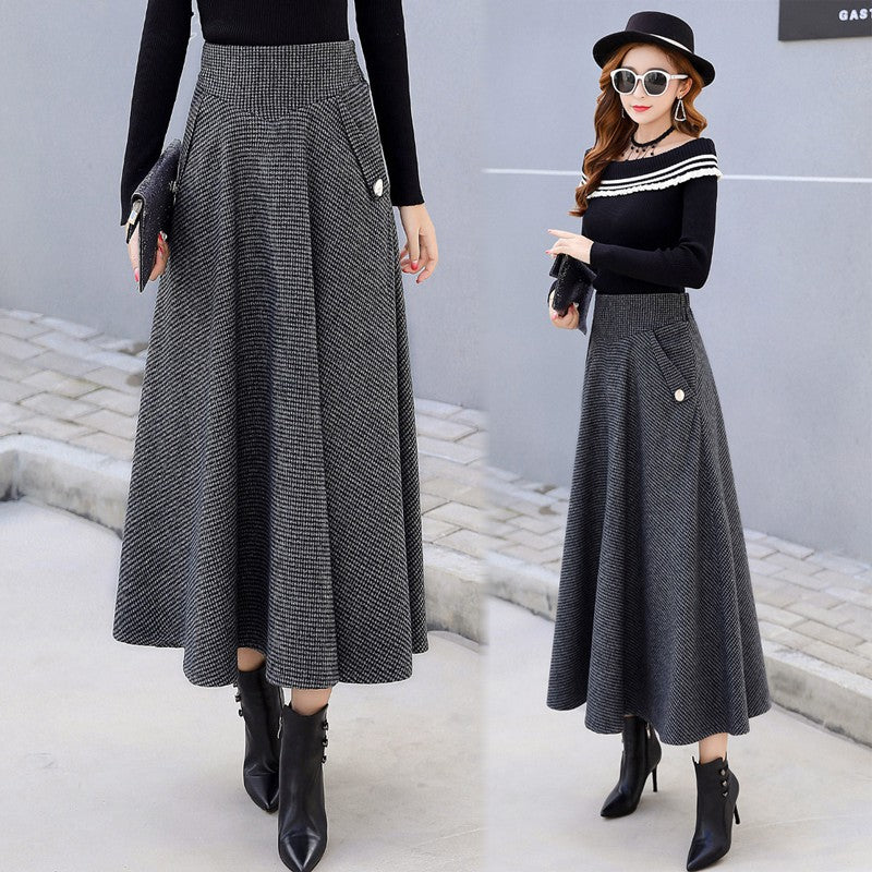 Real shot 2025 autumn new Korean version large size high waist thin plaid woolen skirt women's medium and long A-shaped skirt