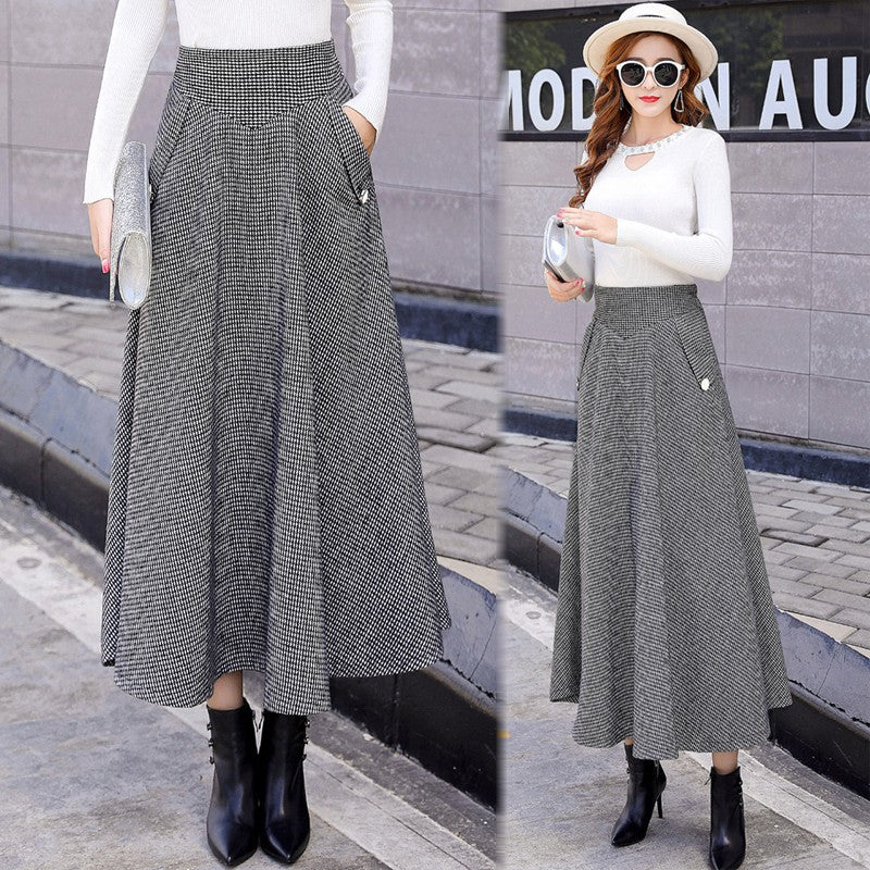 Real shot 2025 autumn new Korean version large size high waist thin plaid woolen skirt women's medium and long A-shaped skirt