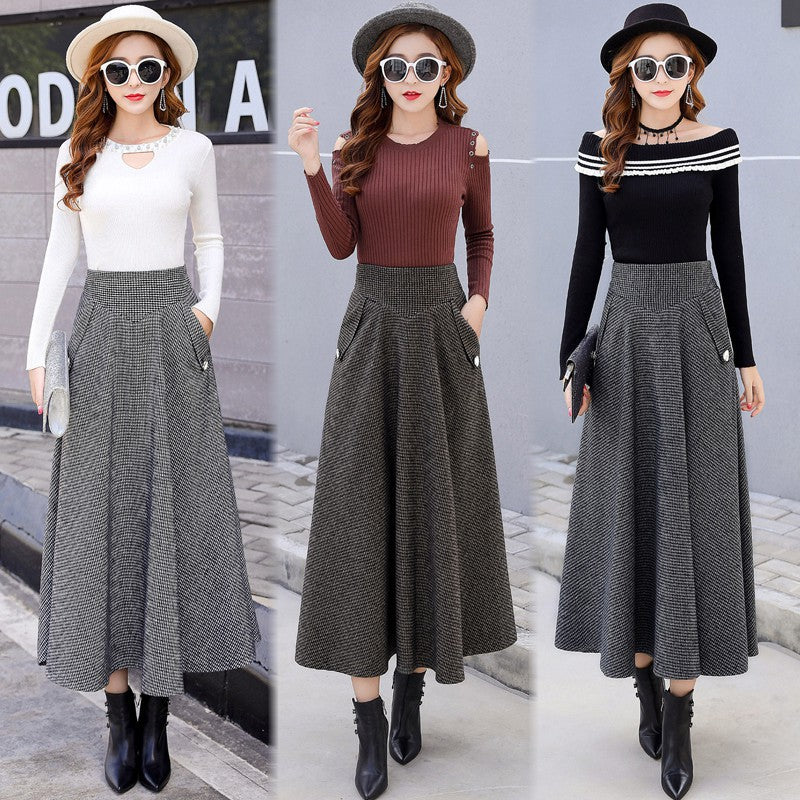 Real shot 2025 autumn new Korean version large size high waist thin plaid woolen skirt women's medium and long A-shaped skirt
