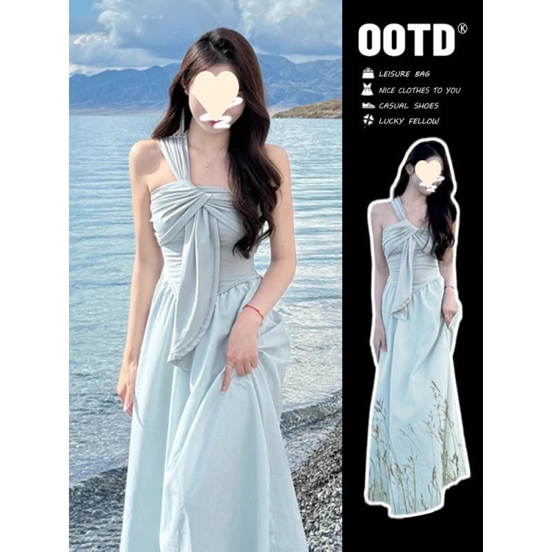 2025 new high-end irregular design seaside vacation tube top dress children's summer French temperament long dress