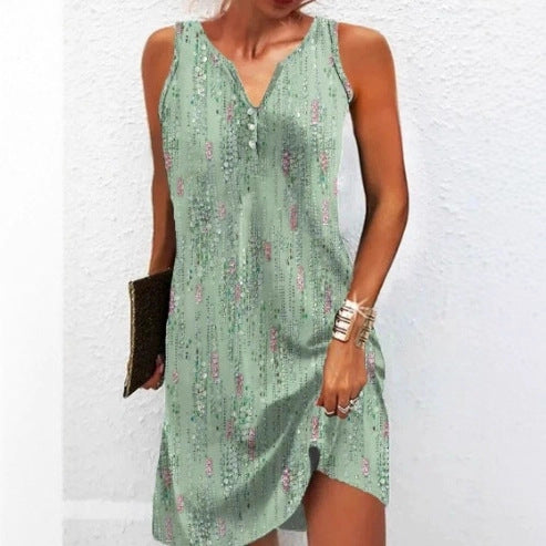 2025 European and American women's clothing Amazon flower button casual style A-shaped skirt sleeveless V-neck dress three-dimensional pattern