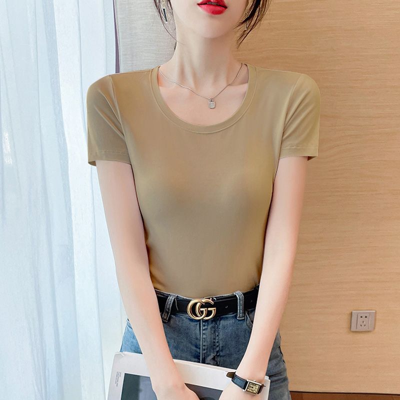 Lotus root pink short-sleeved t-shirt women's pure cotton summer chic Korean wear high-end niche non-collision versatile top