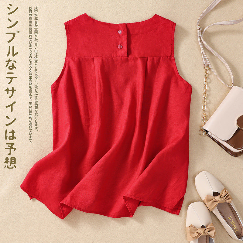 Real shot 2025 summer new literary loose solid color cotton and linen round neck sleeveless T-shirt women's vest top 9288 #