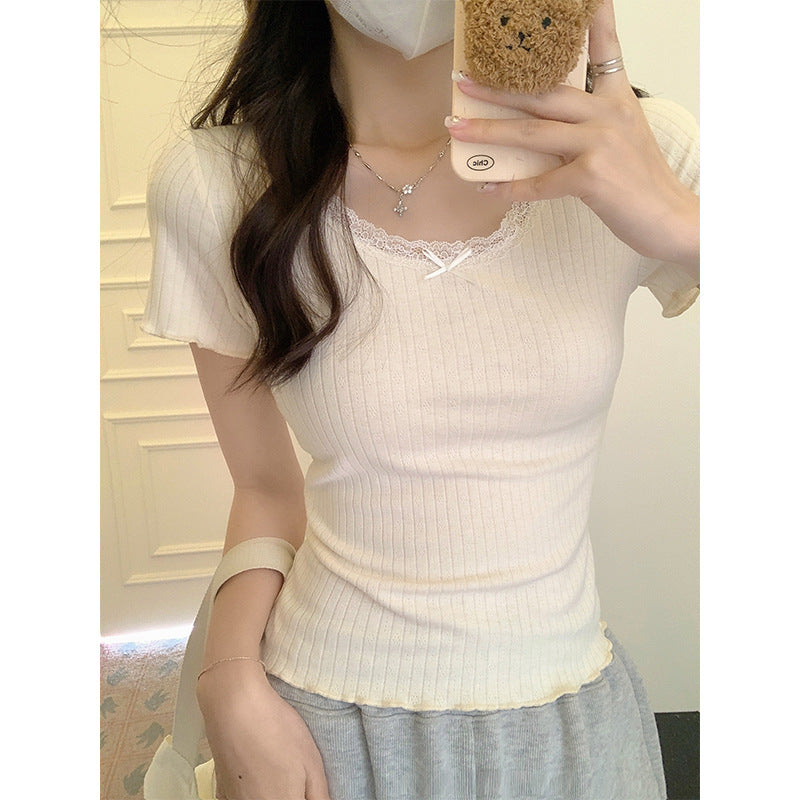 Ballet style pure lace U-neck T-shirt women's 2026 summer new retro short-sleeved curled edge bottoming shirt top