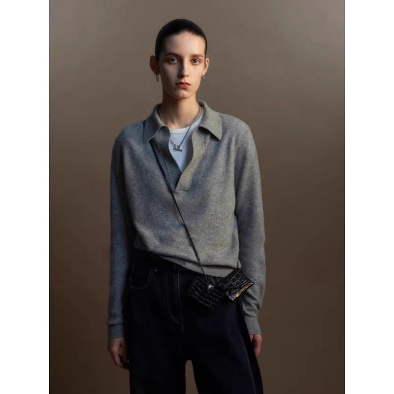 Autumn and winter gray base V-neck small lapel wool sweater women's loose high-end knitted sweater with long-sleeved top
