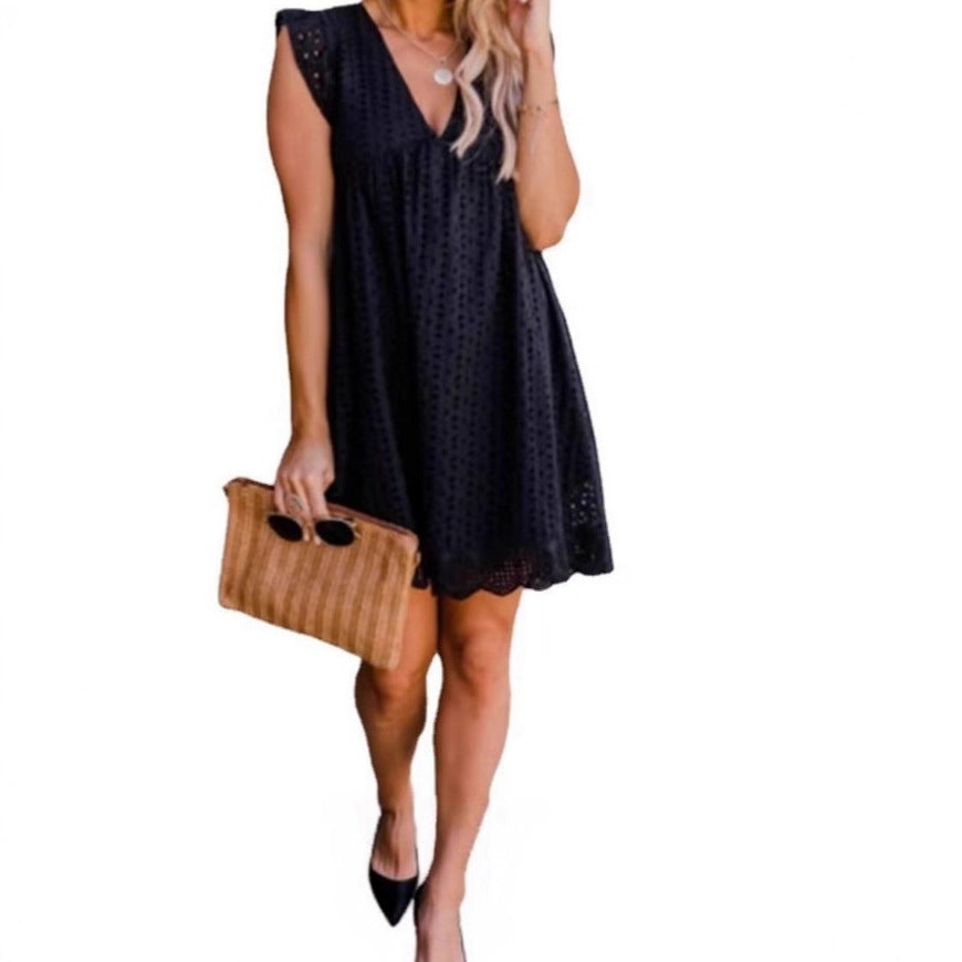 2025 Amazon Europe and the United States cross-border new lace jacquard hollow V-neck dress women's pocket cloth shorts