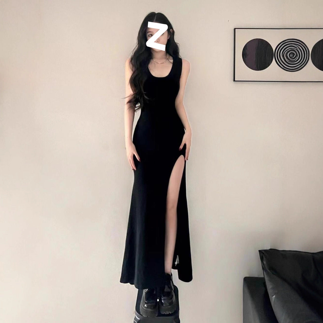 Black royal sister style sexy suspender dress women's new summer design slim slit hip length skirt
