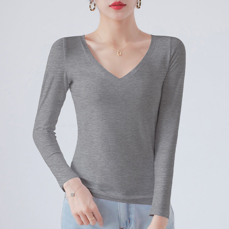 Spring and Autumn 2025 pure cotton versatile V-neck long-sleeved T-shirt women's Korean version with slim foreign base shirt top for commuting