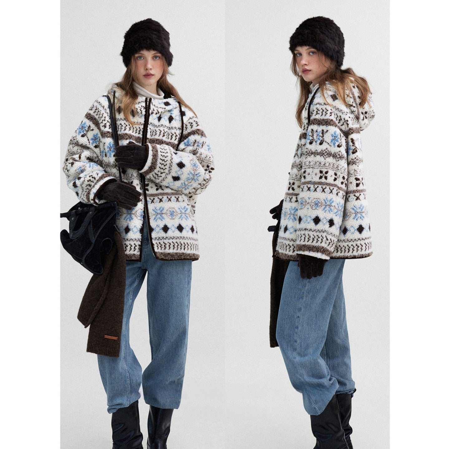 Snowy glacier snowman pattern Fair Island imitation lamb wool cotton jacket padded cotton jacket women's winter