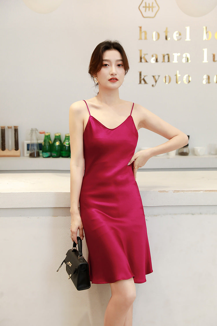 Haute couture acetic acid satin dress high-end suspender V-neck skirt temperament small man thin silky outer dress